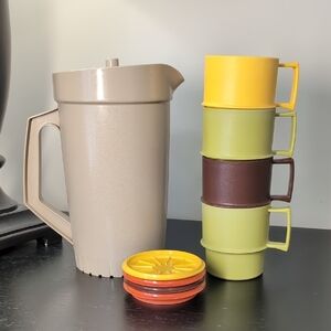 Vintage Tupperware Tan Juice Jug Pitcher with Mug Set And Coasters